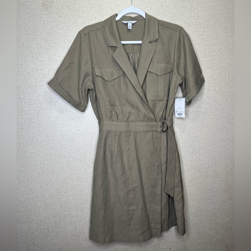 NWT's Nine West Size M Khaki Utility Wrap Cross Over Dress Belt Pockets Sh/Slve